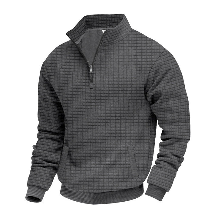 Men's quilted half-zip sweater with square waffle texture and kangaroo pocket StylebySassy