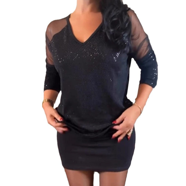 Women's V-neck mini dress with transparent mesh sleeves and glitter details StylebySassy