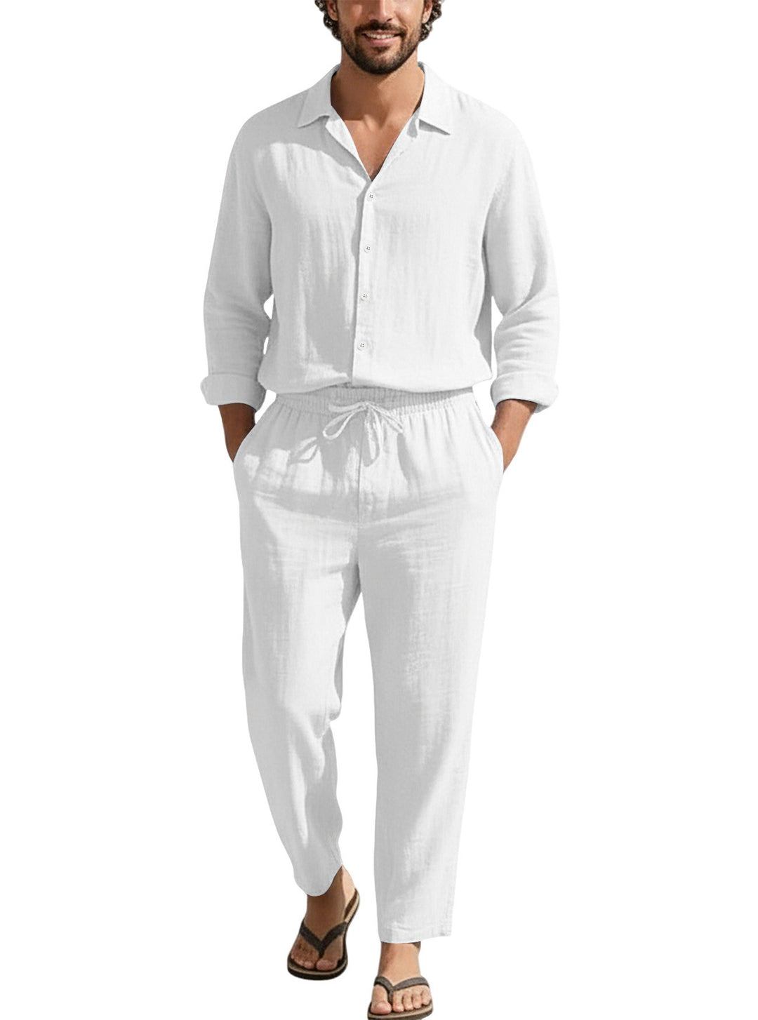 Men's relaxed linen set with open shirt collar and loose drawstring pants StylebySassy