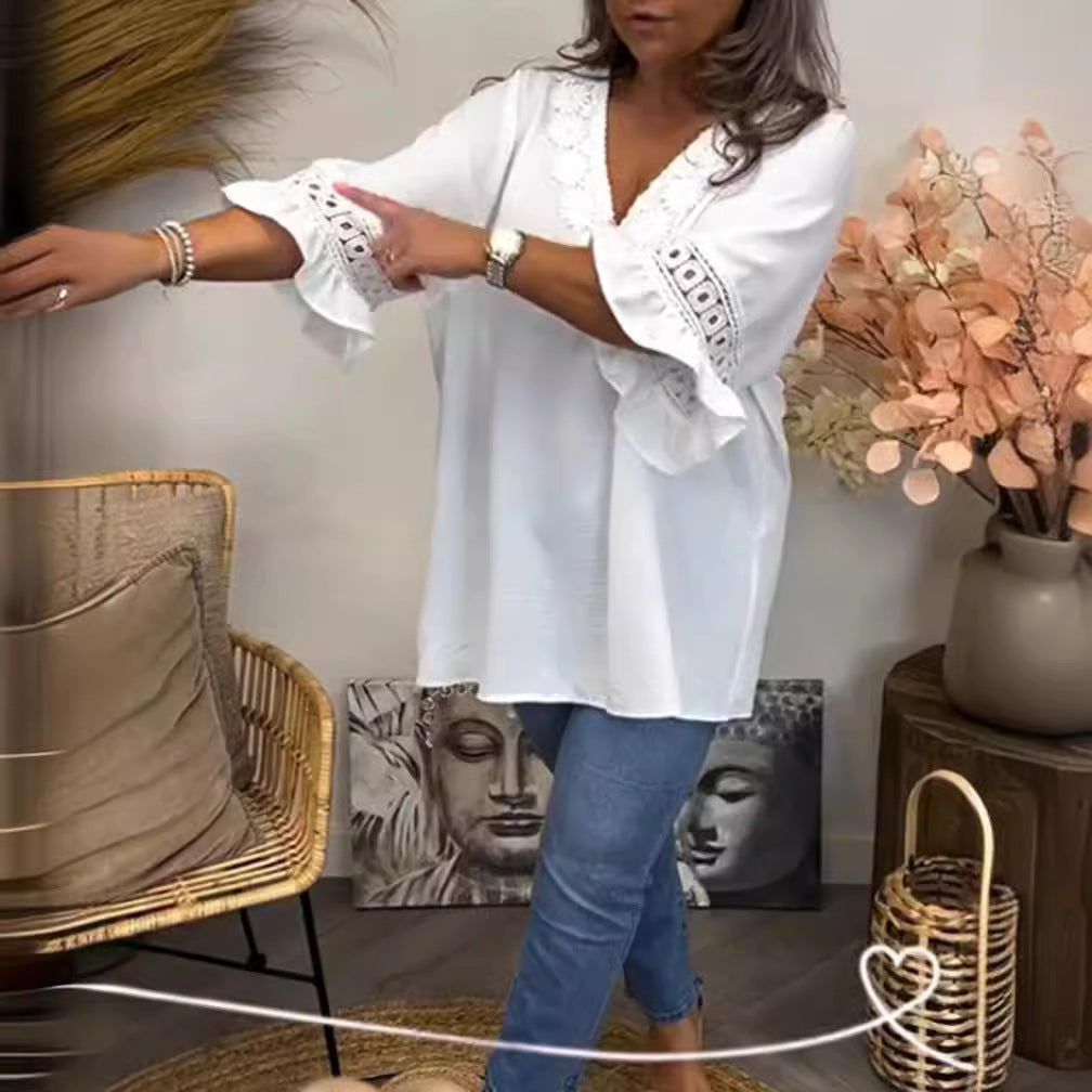 Ladies falling locker Crinkle tunic with crochet lace V-neck and frill sleeves StylebySassy