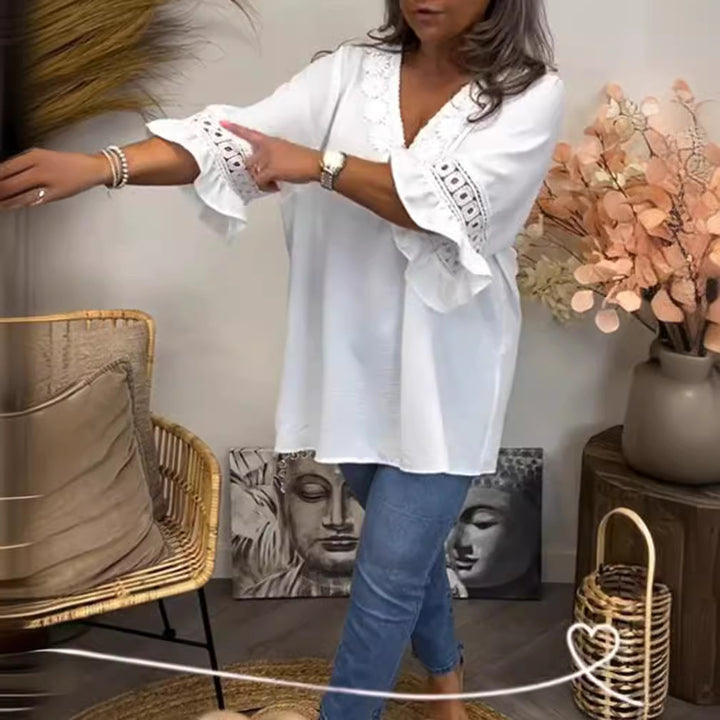 Ladies falling locker Crinkle tunic with crochet lace V-neck and frill sleeves StylebySassy