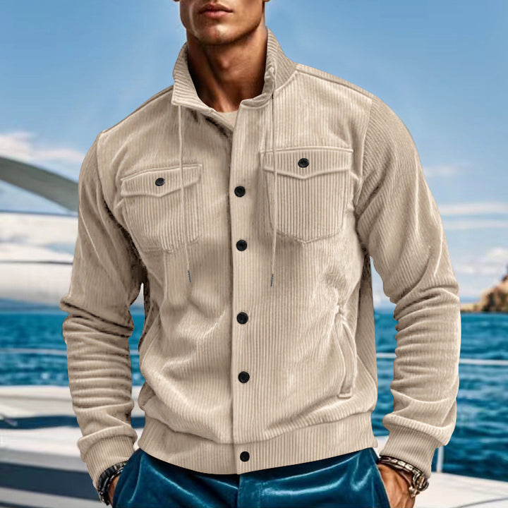 Men's casual fine ribbed cord jacket with stand-up collar, chest pockets and elastic hem StylebySassy