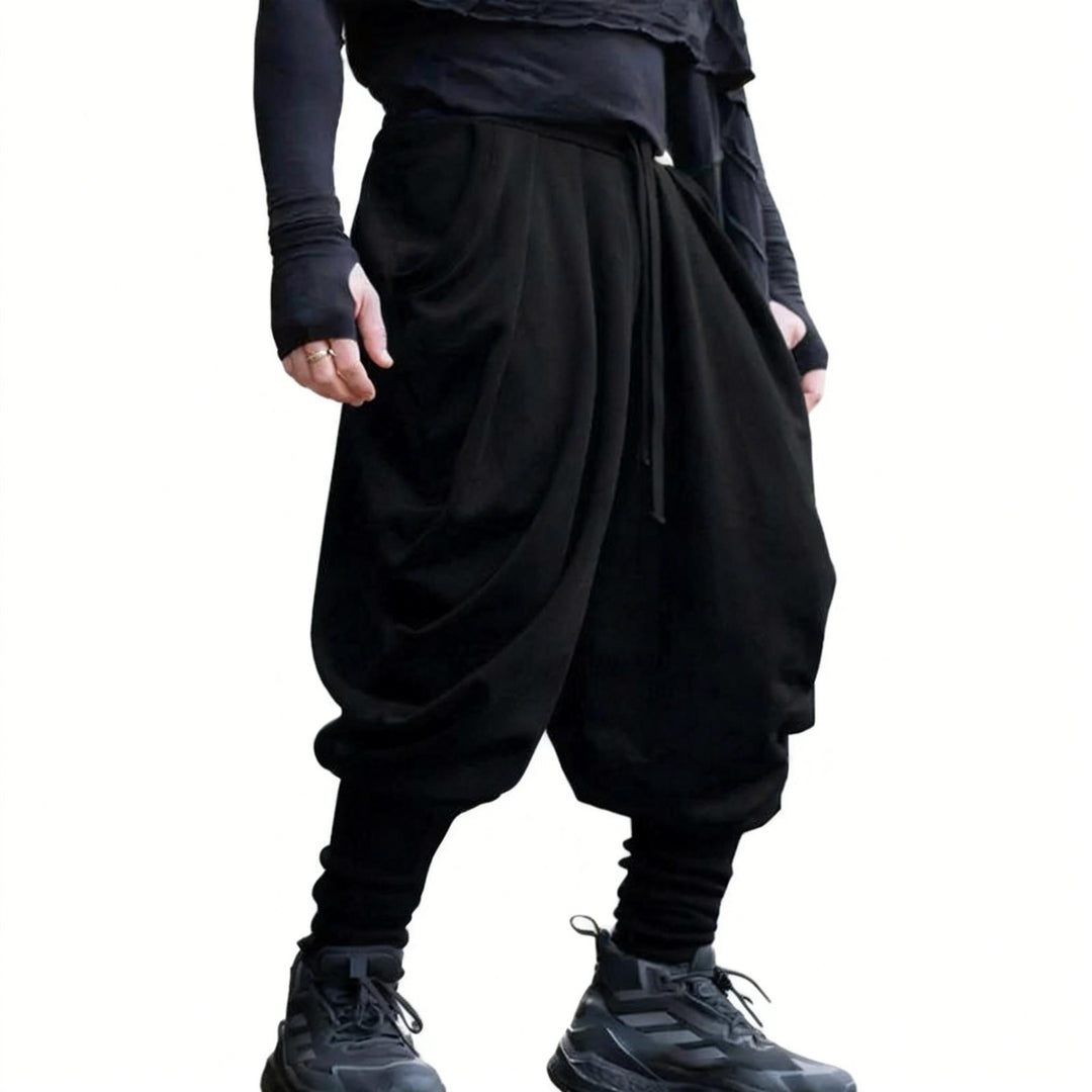 Men's avant-garde harem pants with wrap front, elastic waistband, and slim ankles StylebySassy