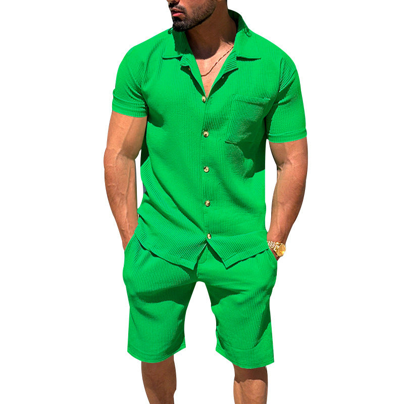 Men's casual two-piece leisure set made of ribbed jersey with shirt collar button placket and shorts StylebySassy