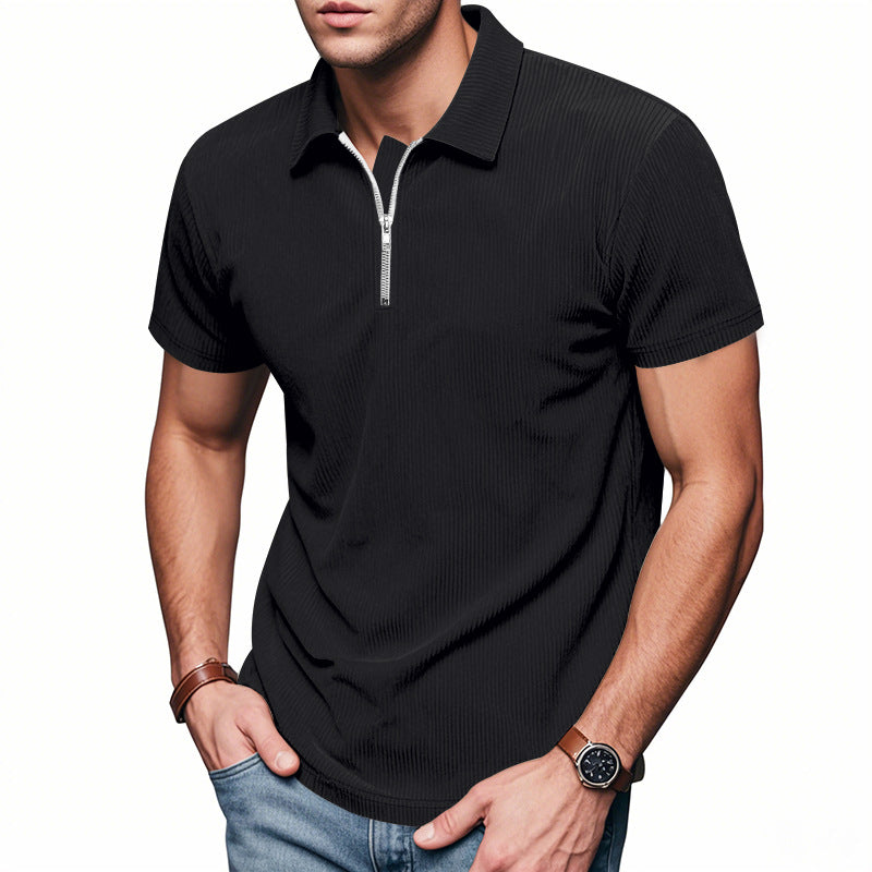 Men's short-sleeved polo with a short zipper at the collar and fine ribbed texture StylebySassy