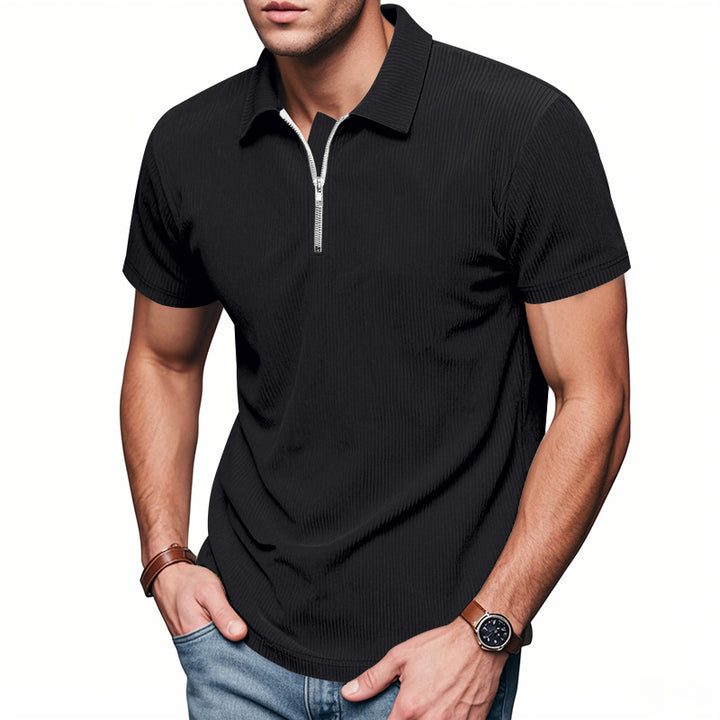 Men's short-sleeved polo with a short zipper at the collar and fine ribbed texture StylebySassy