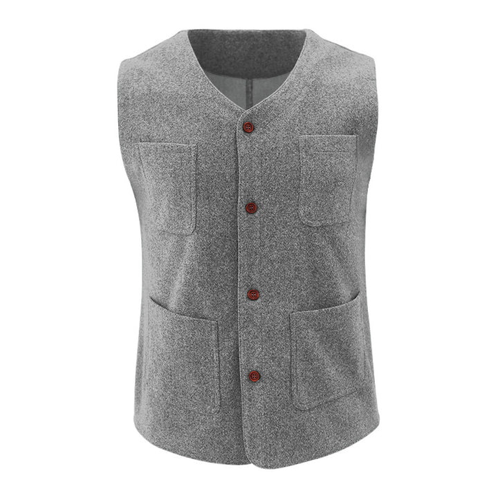 Men's wool blend vest with V-neck, patch pockets, and mesh lining StylebySassy