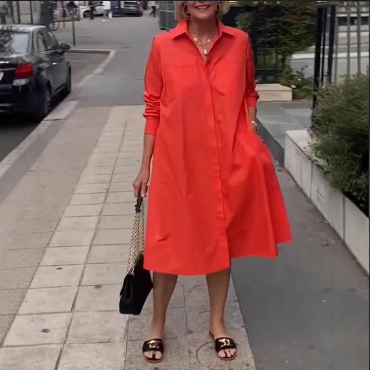 Women's Oversize Poplin Swing Hem Dress with Hidden Button Placket, Pockets, and Roll-Up Sleeves StylebySassy