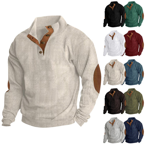 Men's casual structured sweater with polo collar, short button placket and vegan leather trims StylebySassy