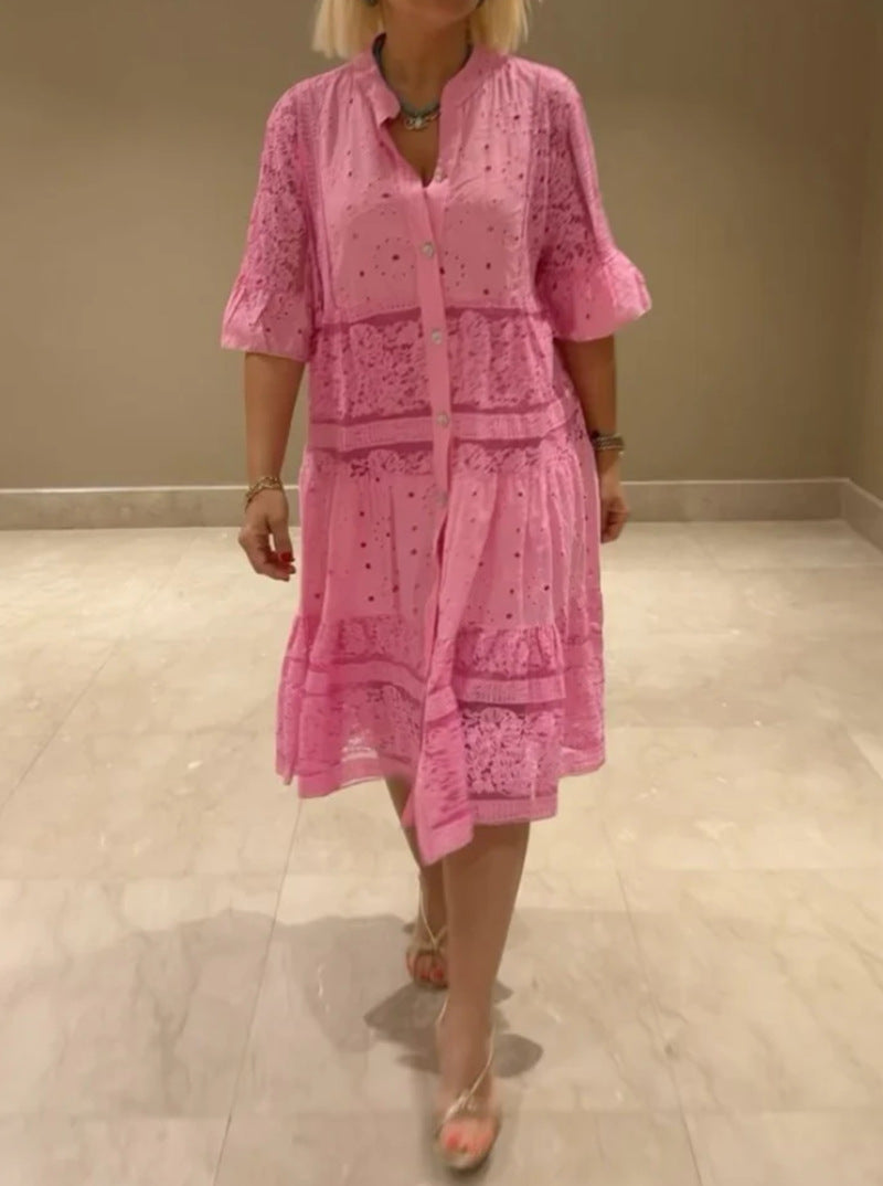 Women's shirt blouse midi dress with lace inserts, tiered skirt and full button placket StylebySassy