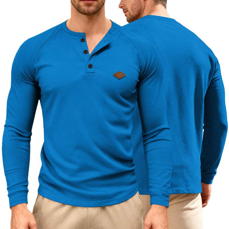 Men's Waffle Knit Henley Long Sleeve Shirt with Raglan Sleeves, Half Button Placket and Leather Label StylebySassy