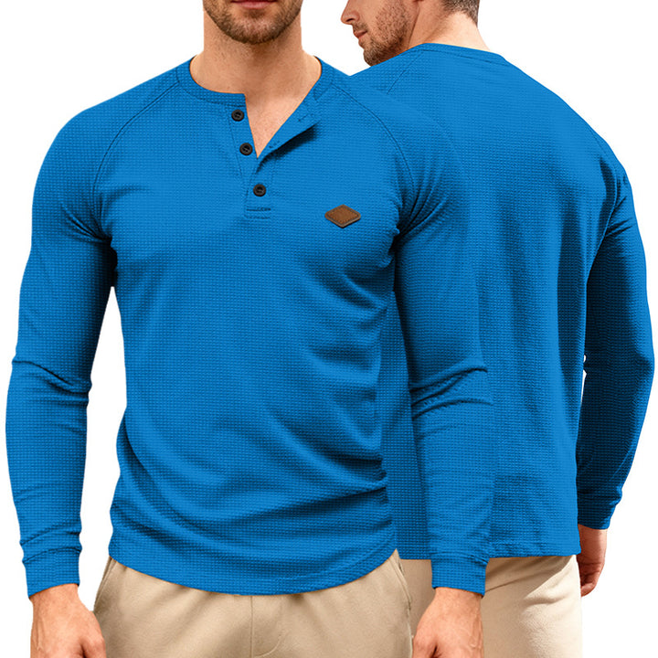 Men's Waffle Knit Henley Long Sleeve Shirt with Raglan Sleeves, Half Button Placket and Leather Label StylebySassy