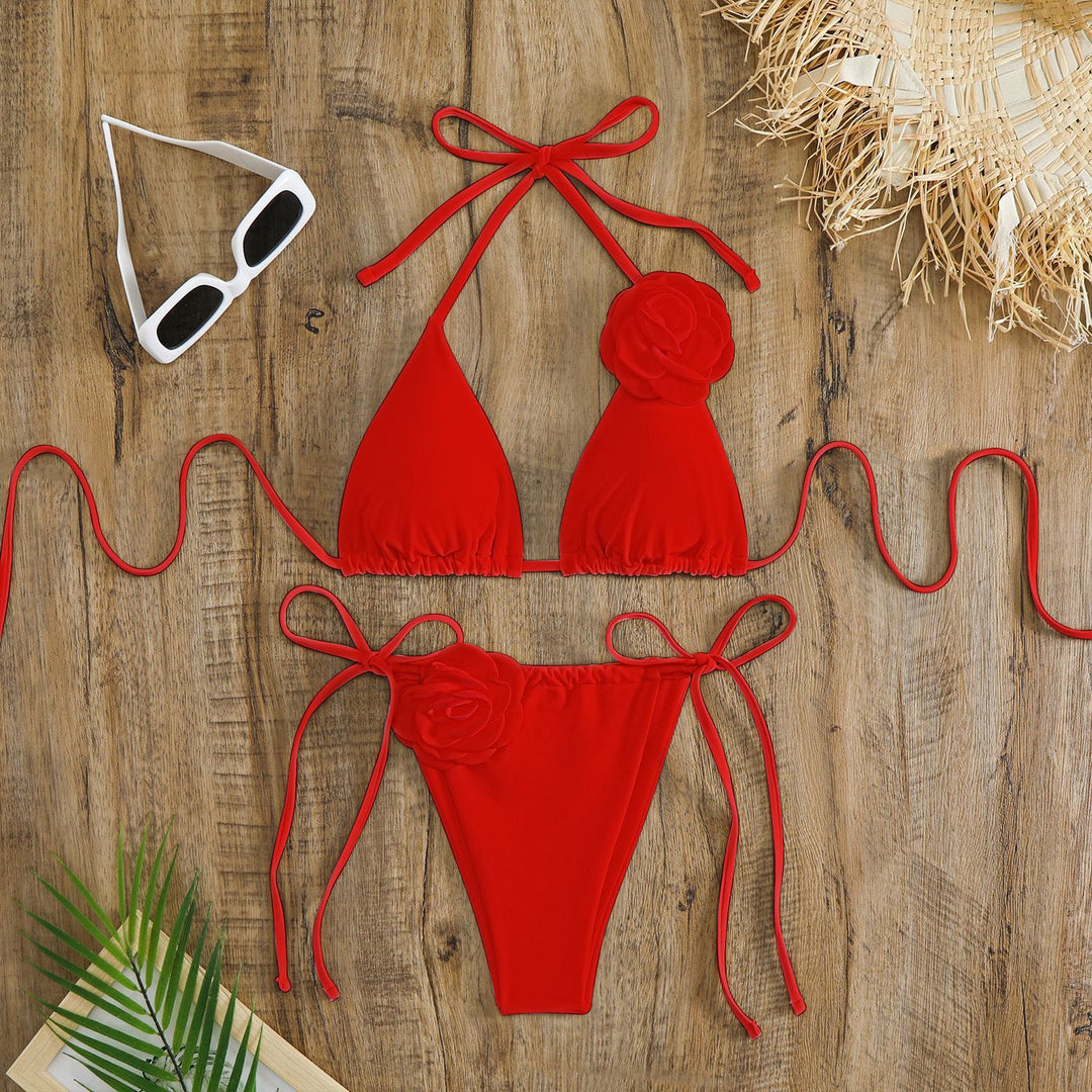 Women adjustable triangle bikini with decorative flower appliqués StylebySassy
