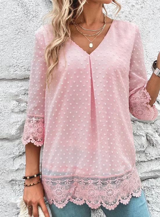Ladies transparent chiffon blouse with polka dot structure, lace trim, V-neck and three-quarter sleeves StylebySassy