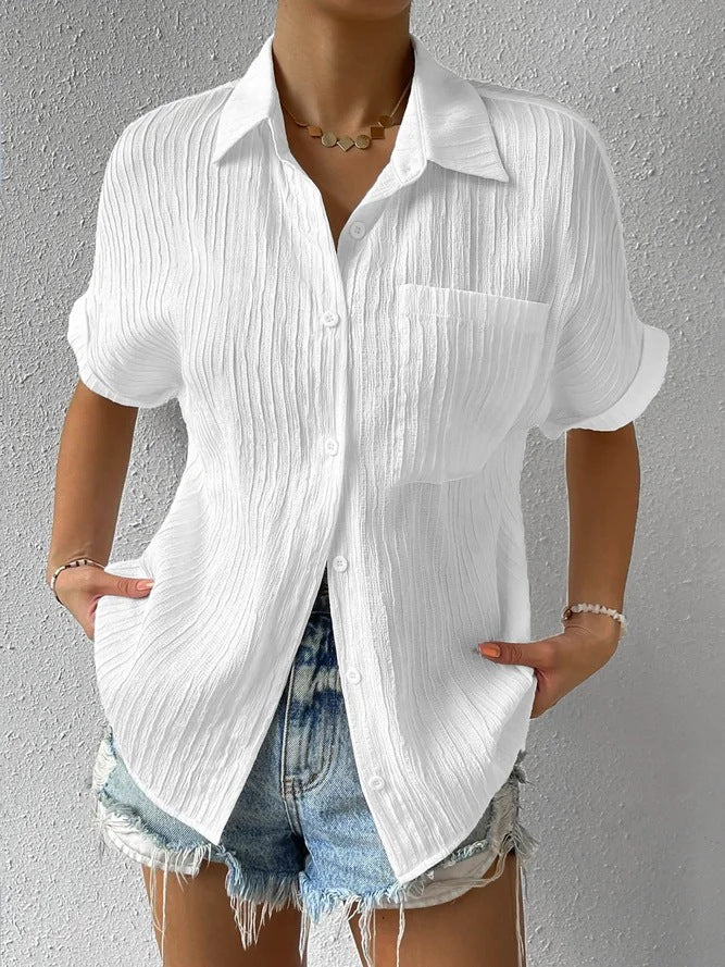 Women's crinkle effect shirt blouse with breast pocket, rolled sleeves and loose fit StylebySassy