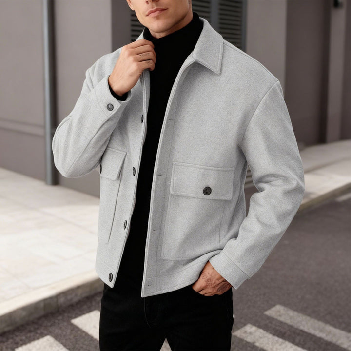 Men's short wool field jacket with shirt collar, flap pockets, and clear silhouette StylebySassy