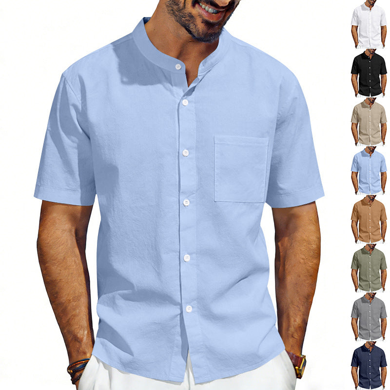 Men's short-sleeved linen shirt with stand-up collar and chest pocket StylebySassy