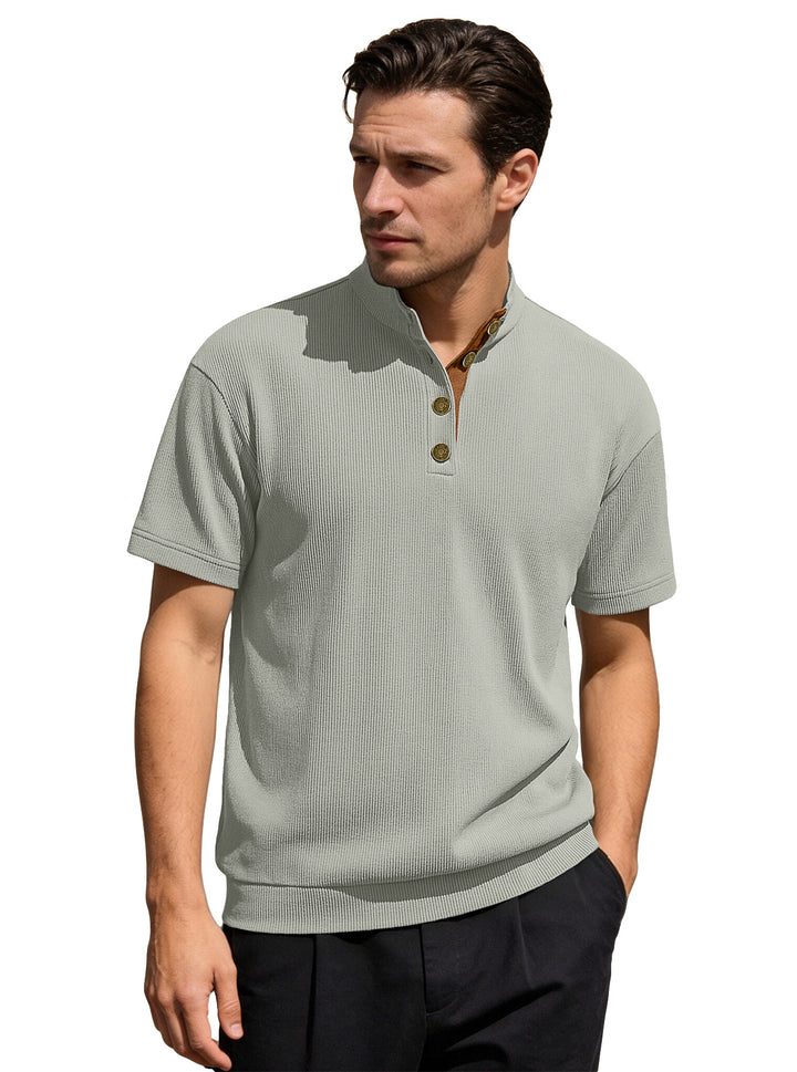 Men's Waffle Structure Short Sleeve Henley with Stand-Up Collar and Decorative Button Placket StylebySassy