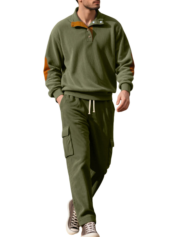 Men's structured turtleneck pullover with stand-up collar, press stud placket, and velour elbow patches StylebySassy