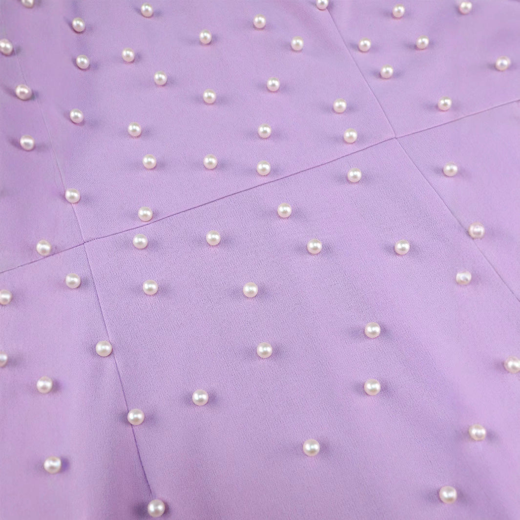 Women Elegant Body-Hugging Dress with Puff Sleeves and Pearl Decorations StylebySassy