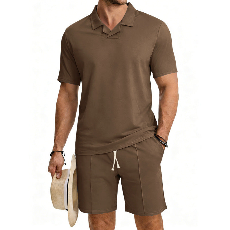 Men's short-sleeved polo lounge set with V-insert at the collar and drawstring bermuda StylebySassy