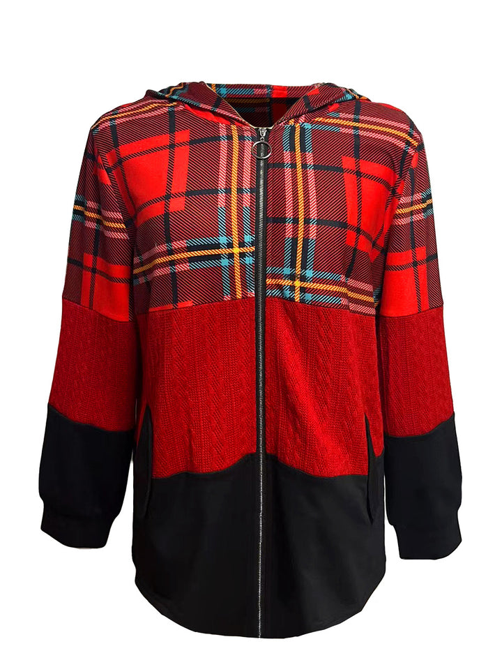 Women's long patchwork-style hooded jacket with check and knit inserts, front zipper and side pockets StylebySassy