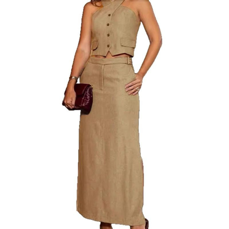 Women's elegant linen blend two-piece set with fitted halter top, button detail, and high-cut maxi skirt StylebySassy