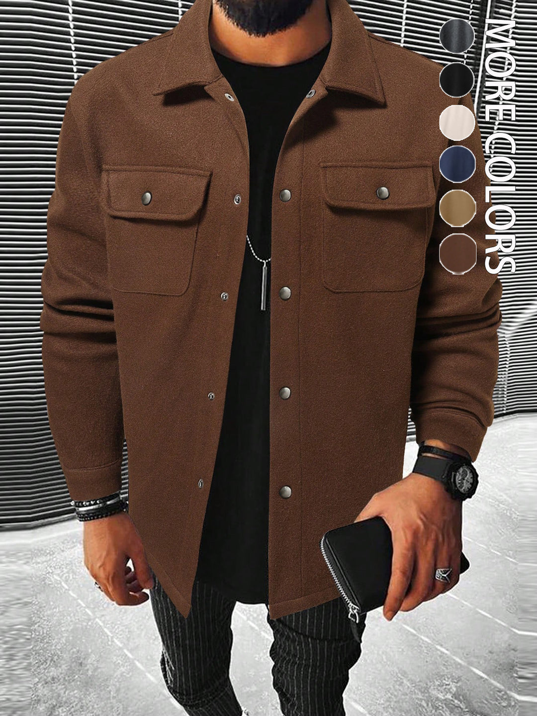 Men's shirt jacket made of wool blend with snap buttons and patch pockets StylebySassy
