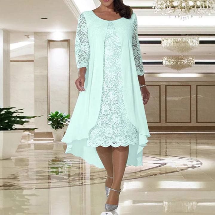 Ladies' elegant chiffon lace dress with high-low overlay and three-quarter sleeves StylebySassy