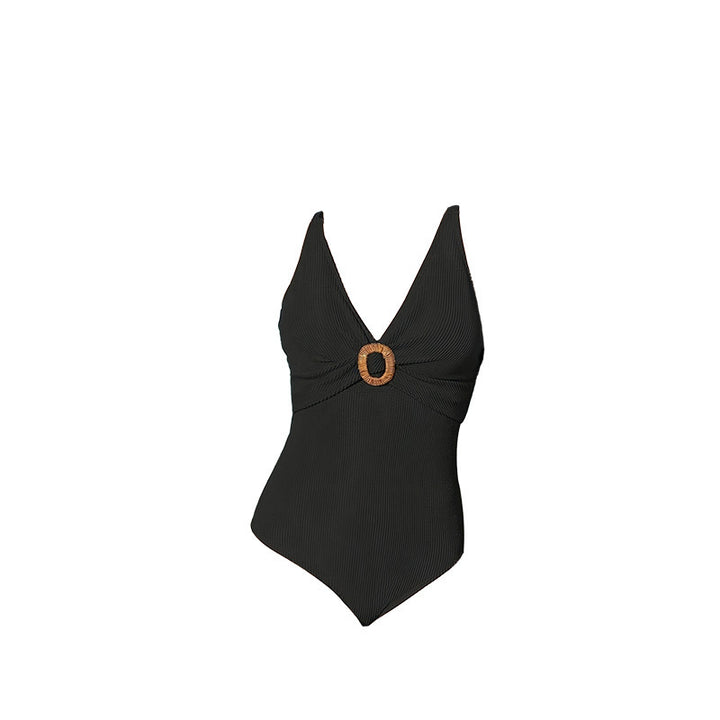 Women's one-piece swimsuit with elegant V-neckline and decorative ring