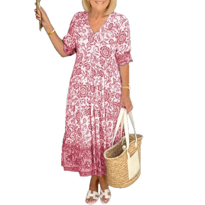 Women's Casual Tiered Midi Dress with V-Neck, Gathered Yoke and Ruffled Hem StylebySassy