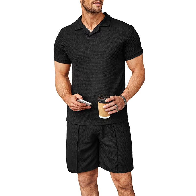 Men's two-piece leisure set made of structured cotton blend with polo shirt and straight comfort shorts StylebySassy