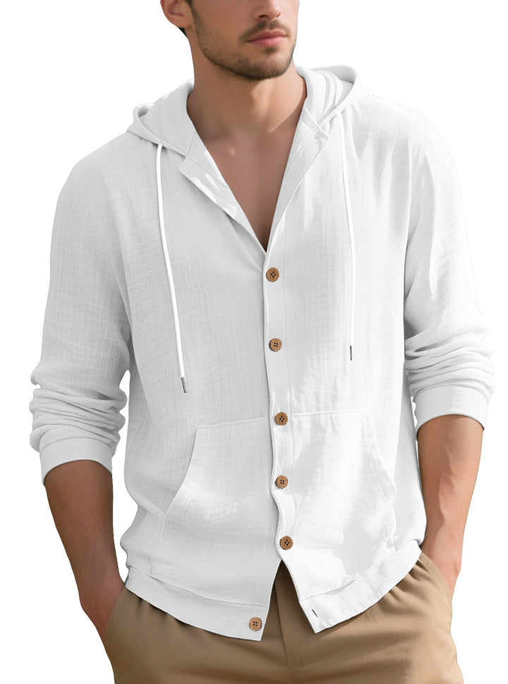 Men's lightweight hooded overshirt in crinkle look with wooden button placket and kangaroo pocket StylebySassy
