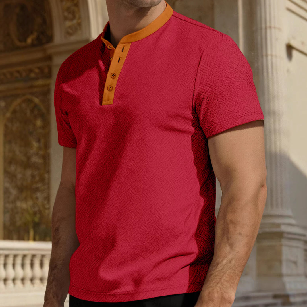Men's slim short sleeve Henley polo shirt with Mandarin collar and fine jacquard texture StylebySassy