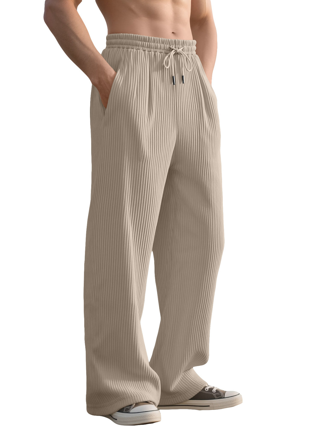 Men's straight cut corduroy velour pants with drawstring waistband, metal drawstring ends, and deep side pockets StylebySassy