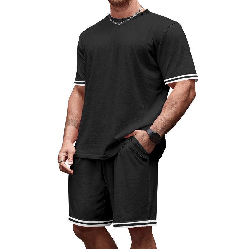 Men's casual jersey set consisting of short-sleeve shirt and bermuda shorts with contrasting stripes, elastic waistband, and insert pockets StylebySassy