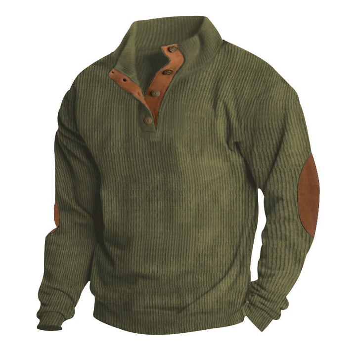 Men's chunky knit sweater with stand-up collar, button placket, and faux leather elbow patches StylebySassy