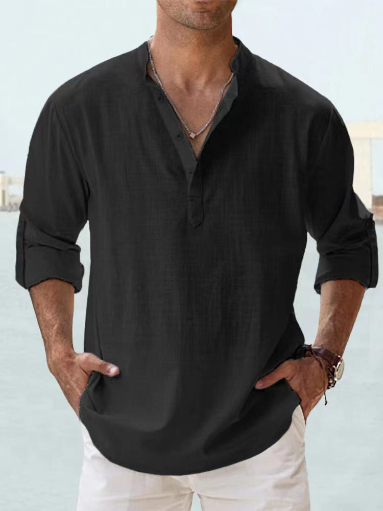Men's nan casual linen henley shirt with stand-up collar, roll-up sleeves, and rounded hem StylebySassy