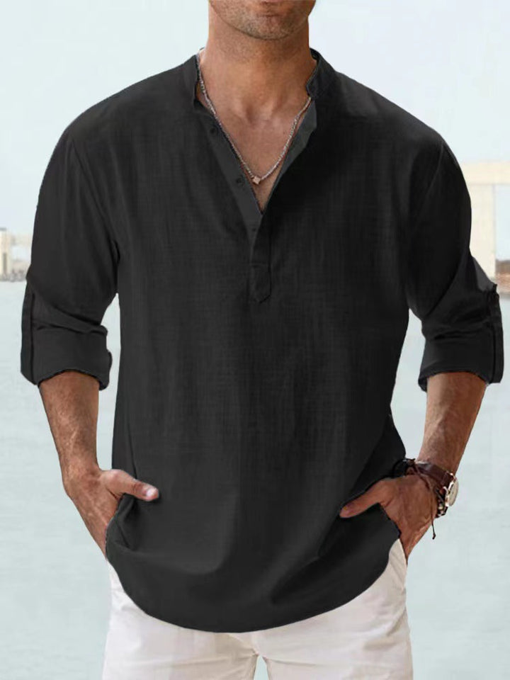 Men's nan casual linen henley shirt with stand-up collar, roll-up sleeves, and rounded hem StylebySassy