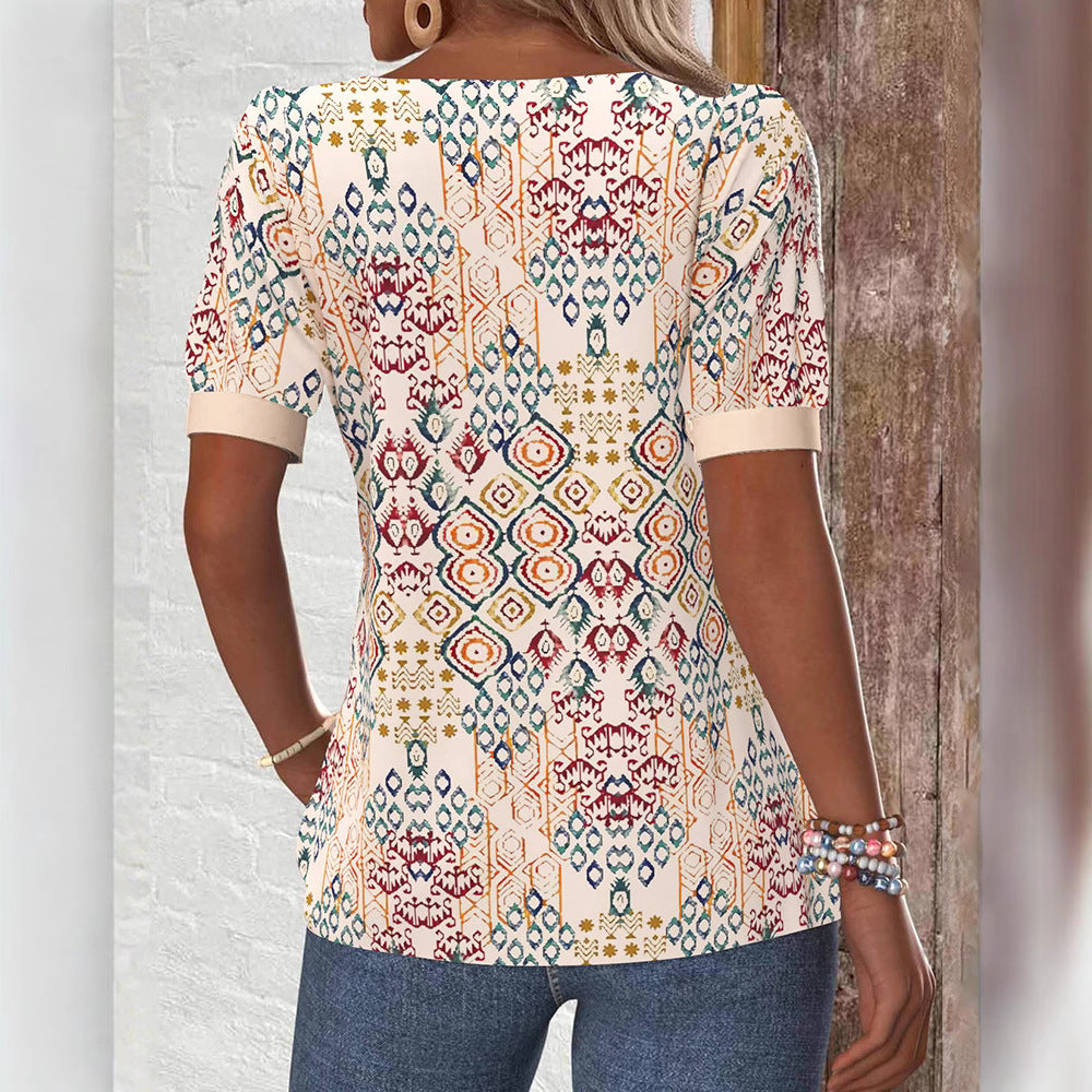 Women's Boho Print Short Sleeve Shirt with Square Neckline, Contrast Trim and Rounded Hem StylebySassy