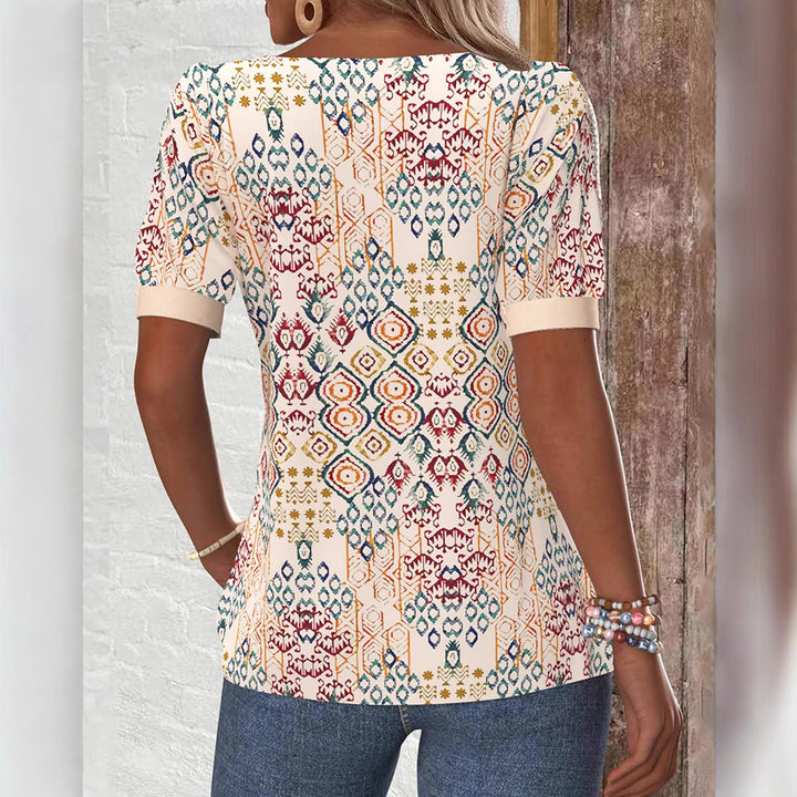 Women's Boho Print Short Sleeve Shirt with Square Neckline, Contrast Trim and Rounded Hem StylebySassy