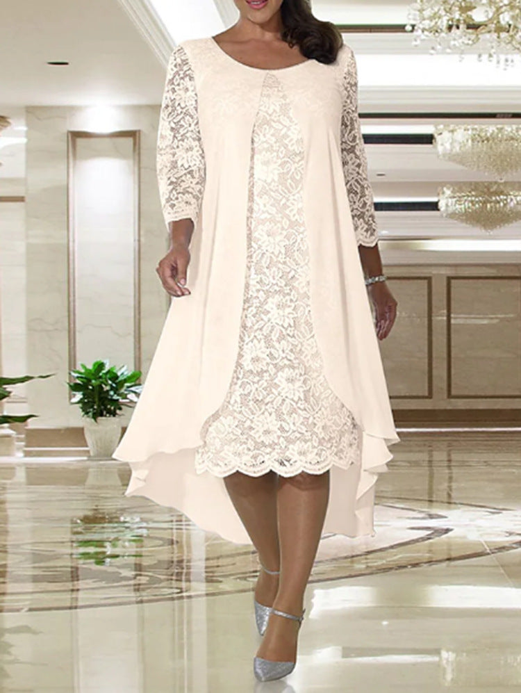 Ladies' elegant chiffon lace dress with high-low overlay and three-quarter sleeves StylebySassy