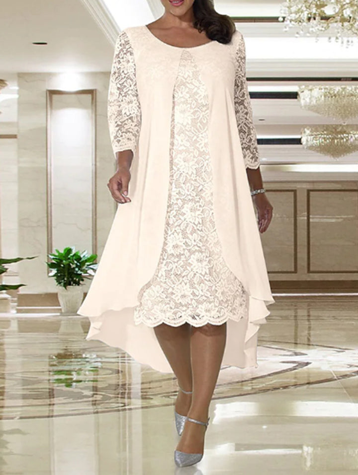 Ladies' elegant chiffon lace dress with high-low overlay and three-quarter sleeves StylebySassy