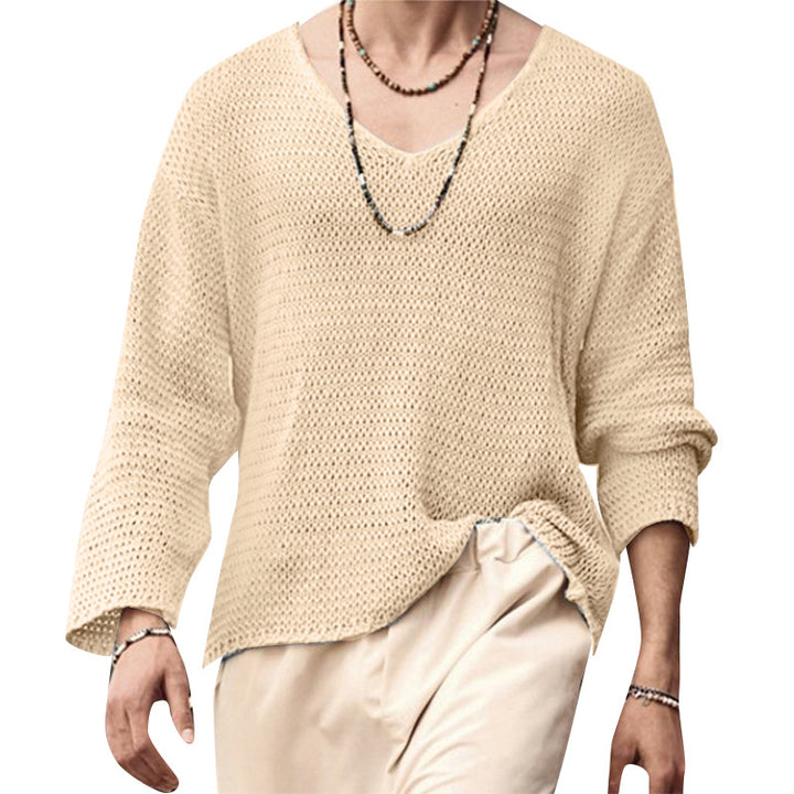 Men's structured waffle knit long sleeve shirt with V-neck and warming thermoeffect StylebySassy