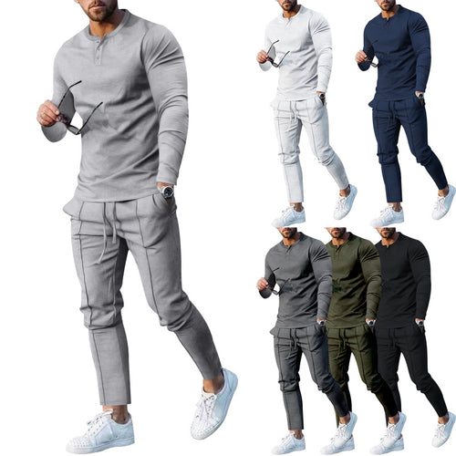 Men's nano athletic Henley long sleeve shirt and tapered jogging pants with decorative seams StylebySassy