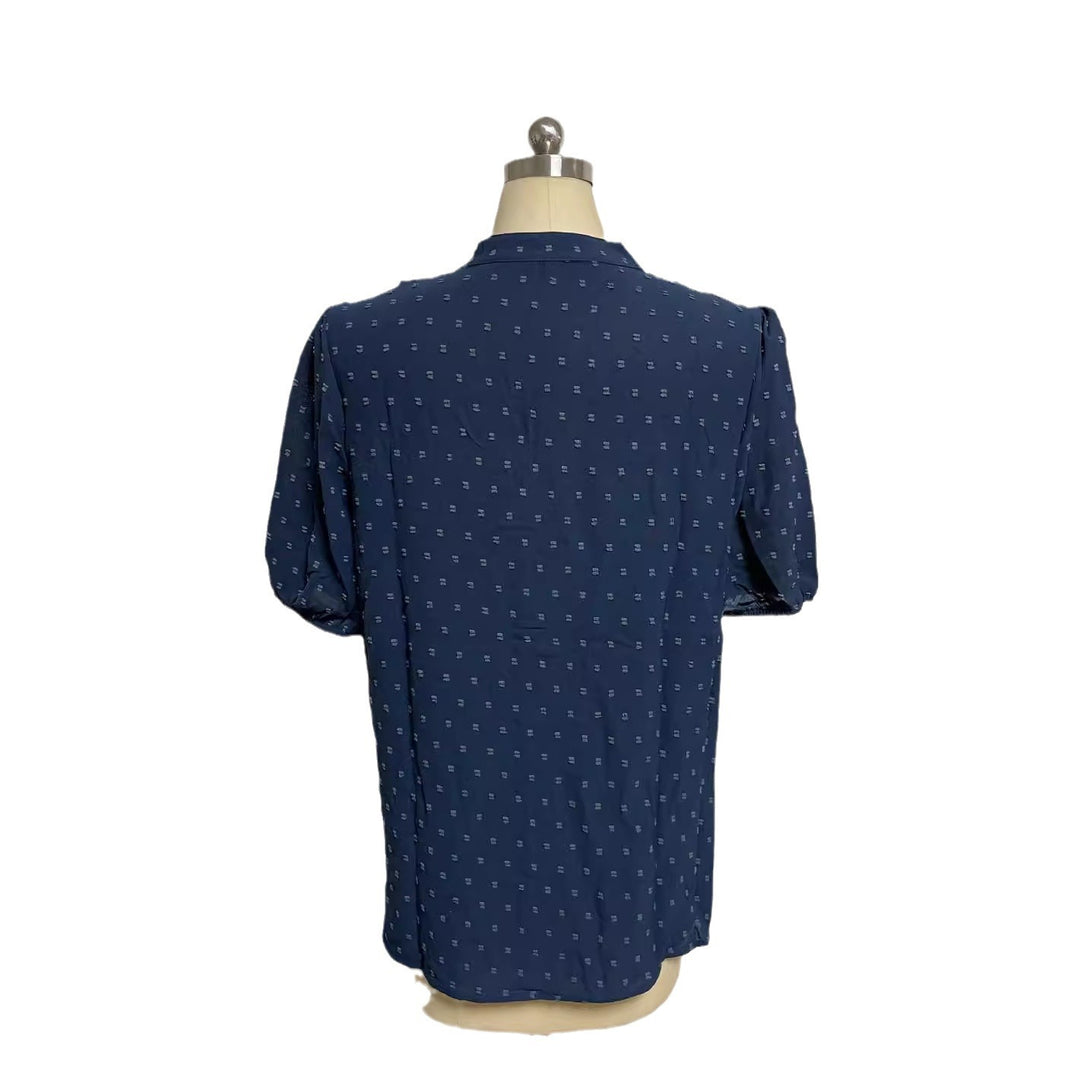 Women's semi-transparent Dobby blouse with stand-up collar, crochet trim, and puff sleeves StylebySassy