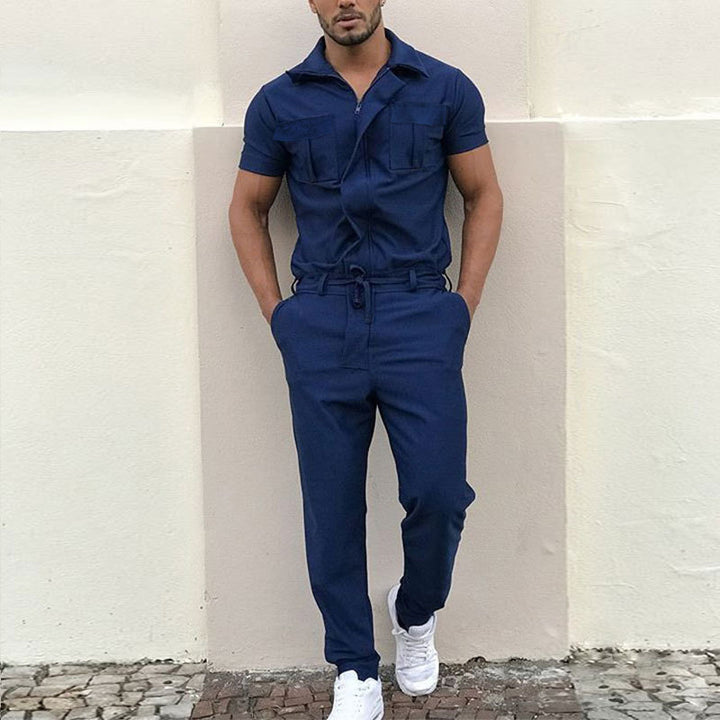 Men's short-sleeved overall work suit with concealed front closure and applied chest pockets StylebySassy