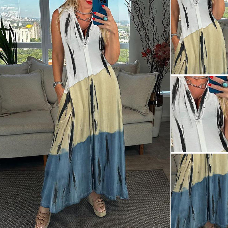 Women's sleeveless long dress with shirt collar, side insertion pockets, and brush stripe pattern StylebySassy