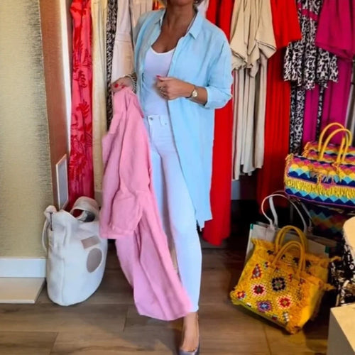 Women's open long blouse in linen mix with Kent collar, dropped shoulder and side slits StylebySassy