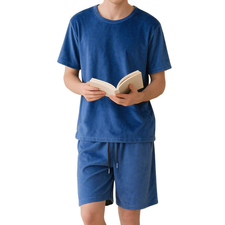Men's velour lounge set with round neck short sleeve shirt and drawstring shorts StylebySassy